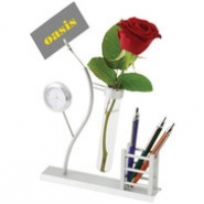 Настольный прибор с часами, держателем для записок, подставкой под ручки и вазой для цветка